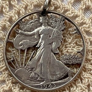 Vintage 1943 Walking  Liberty Half  Dollar Silver Coin Pendant